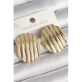 HEYF Pirinç Gold Renk İşlemeli Daire Plaka Model Kadın Küpe