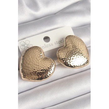 HEYF Pirinç Gold Renk İşlemeli Kalp Model Kadın Küpe