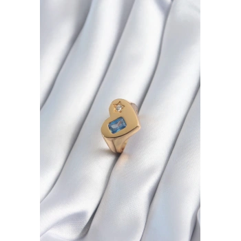 HEYF Pirinç Gold Renk Kalp Model Zirkon Taş Yıldız Detay Kadın Yüzük