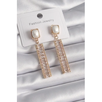 HEYF Pirinç Gold Renk Kare İnci Zirkon Taşlı Su Yolu Model Kadın Küpe