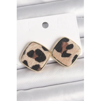 HEYF Pirinç Gold Renk Kare Leopar Model Kadın Küpe