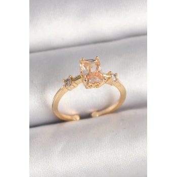 HEYF Pirinç Gold Renk Kare Zirkon Taş Model Kadın Yüzük