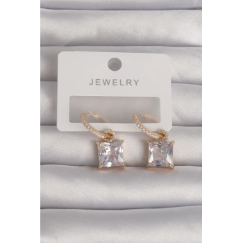 HEYF Pirinç Gold Renk Kare Zirkon Taşlı Halka Küpe