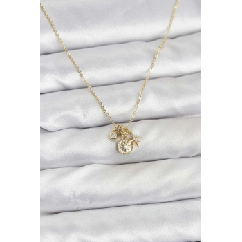 HEYF Pirinç Gold Renk Minimal Charmlı Kadın Kolye