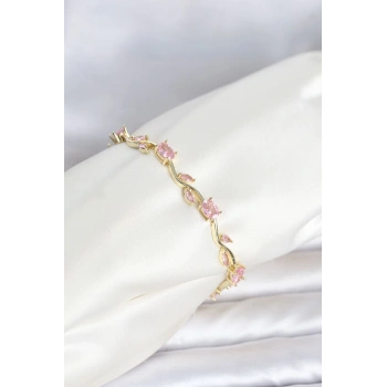 HEYF Pirinç Gold Renk Pembe Zirkon Taşlı Çiçek Model Kadın Bileklik