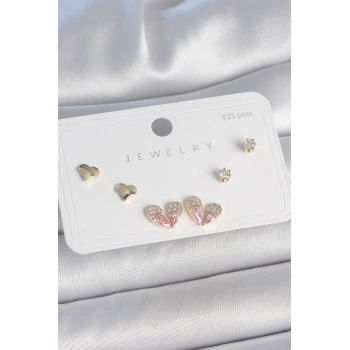 HEYF Pirinç Gold Renk Pembe Zirkon Taşlı Kalp Model 925 Ayar Gümüş Çivi Kadın Küpe Seti