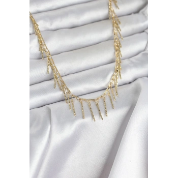 HEYF Pirinç Gold Renk Saçaklı Model Kadın Kolye