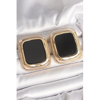 HEYF Pirinç Gold Renk Siyah Mineli Kare Model Kadın Küpe