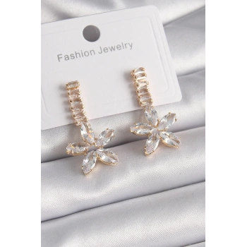 HEYF Pirinç Gold Renk Su Yolu Zirkon Taşlı Çiçek Model Kadın Küpe