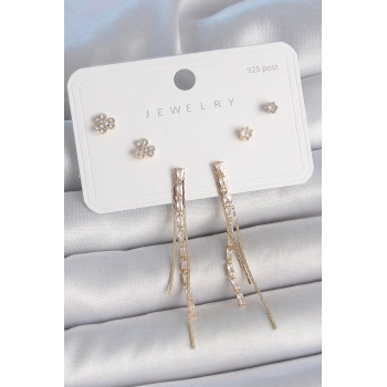 HEYF Pirinç Gold Renk Su Yolu Zirkon Taşlı Sallantı Model Çiçek Detay 925 Ayar Gümüş Çivi Kadın Küpe Seti