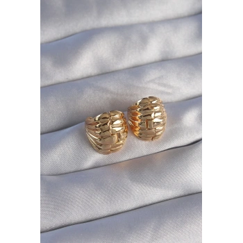 HEYF Pirinç Gold Renk Tırtıklı Minimal Bombeli Tasarım Küpe