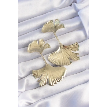 HEYF Pirinç Gold Renk Tırtıklı Yaprak Model Sallantılı Küpe