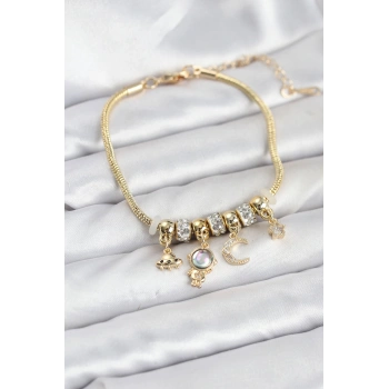 HEYF Pirinç Gold Renk Uzay Tema Charmlı Kadın Bileklik