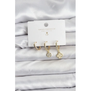 HEYF Pirinç Gold Renk Yonca Model 3lü Kadın Küpe Seti