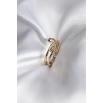 HEYF Pirinç Gold Renk Zirkon Taş Detay Kalp Model Kadın Yüzük