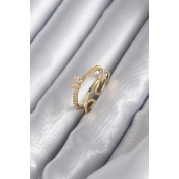 HEYF Pirinç Gold Renk Zirkon Taş Detay Kelebek Model Kadın Yüzük