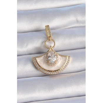 HEYF Pirinç Gold Renk Zirkon Taş Detaylı Beyaz Mineli Ajda Charm
