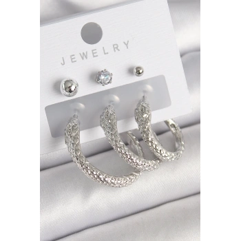 HEYF Pirinç Gold Renk Zirkon Taş Detaylı Halka Yılan Model Kadın Küpe Seti