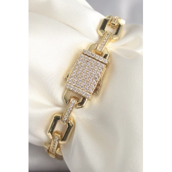 HEYF Pirinç Gold Renk Zirkon Taş Detaylı Kare Zincir Model Xuping VIP Exculusive Seri Kadın Bileklik