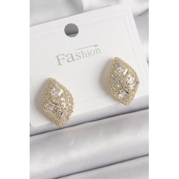 HEYF Pirinç Gold Renk Zirkon Taş İşlemeli Damla Model Kadın Küpe