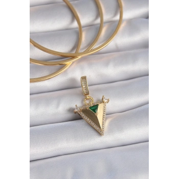 HEYF Pirinç Gold Renk Zirkon Taşlı 3D Üçgen Model Ajda Charm