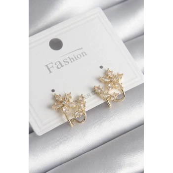 HEYF Pirinç Gold Renk Zirkon Taşlı Çiçek Model Kadın Küpe