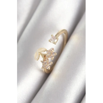 HEYF Pirinç Gold Renk Zirkon Taşlı Çiçek Model Kadın Yüzük