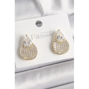 HEYF Pirinç Gold Renk Zirkon Taşlı Damla Model Kadın Küpe