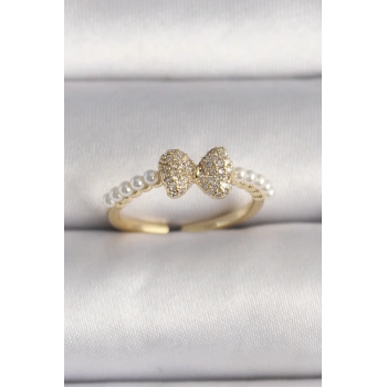 HEYF Pirinç Gold Renk Zirkon Taşlı Fiyonk İnci Detay Ayarlanabilir Yüzük