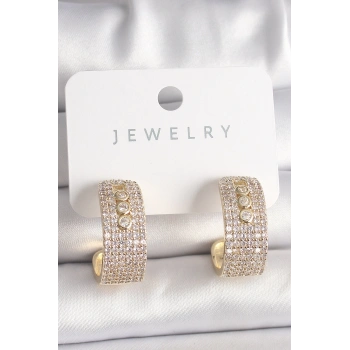 HEYF Pirinç Gold Renk Zirkon Taşlı Halka Messika Model Kadın Küpe