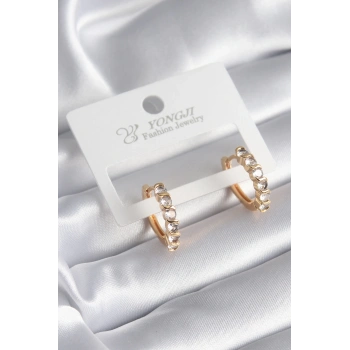 HEYF Pirinç Gold Renk Zirkon Taşlı Halka Model Kadın Küpe