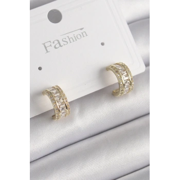 HEYF Pirinç Gold Renk Zirkon Taşlı Halka Model Kadın Küpe