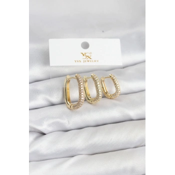 HEYF Pirinç Gold Renk Zirkon Taşlı Halka Model YSX Trio Küpe Seti