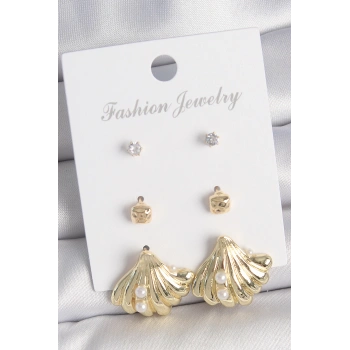 HEYF Pirinç Gold Renk Zirkon Taşlı İnci Detaylı Deniz Kabuğu Model 3 Çift Kadın Küpe Seti