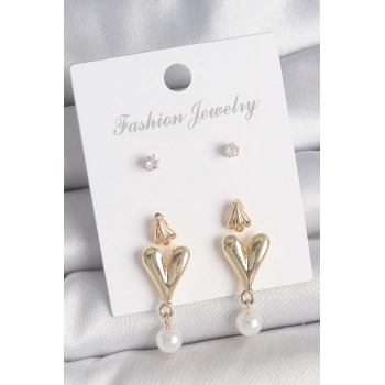 HEYF Pirinç Gold Renk Zirkon Taşlı İncili Sallantılı Kalp Model 3 Çift Kadın Küpe Seti