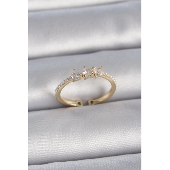 HEYF Pirinç Gold Renk Zirkon Taşlı Kalp İnci Detaylı Ayarlanabilir Model Kadın Yüzük