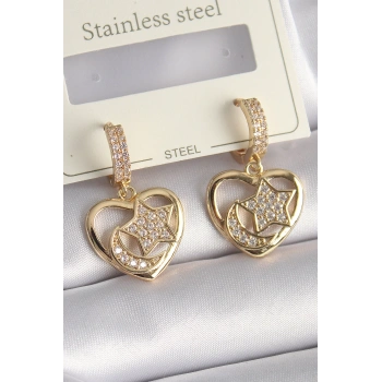 HEYF Pirinç Gold Renk Zirkon Taşlı Kalp Model Ay Yıldız İşleme Kadın Küpe