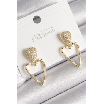 HEYF Pirinç Gold Renk Zirkon Taşlı Kalp Model Kadın Küpe