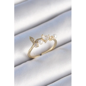 HEYF Pirinç Gold Renk Zirkon Taşlı Kalp Yaprak Model İnci Detay Kadın Yüzük