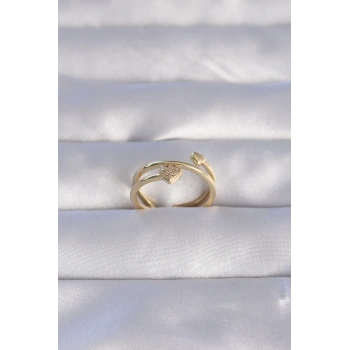 HEYF Pirinç Gold Renk Zirkon Taşlı Kalpli Model Ayarlanabilir Yüzük