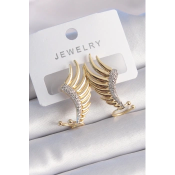 HEYF Pirinç Gold Renk Zirkon Taşlı Kanat Model Kadın Küpe