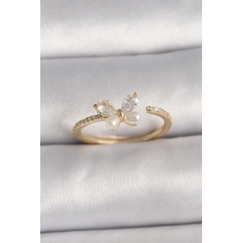 HEYF Pirinç Gold Renk Zirkon Taşlı Kelebek Mode İnci Detay Ayarlanabilir Yüzük