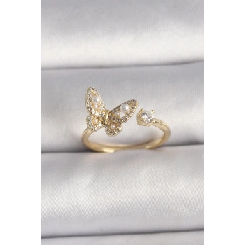 HEYF Pirinç Gold Renk Zirkon Taşlı Kelebek Model İnci Detay Ayarlanabilir Yüzük