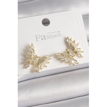 HEYF Pirinç Gold Renk Zirkon Taşlı Kelebek Model Kadın Küpe