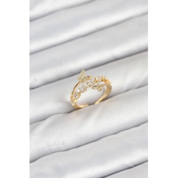 HEYF Pirinç Gold Renk Zirkon Taşlı Kelebek Model Kadın Yüzük
