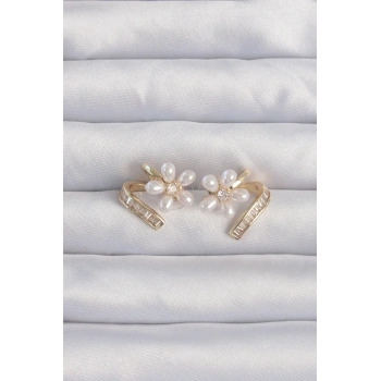 HEYF Pirinç Gold Renk Zirkon Taşlı Kıvrımlı İnci Çiçek Küpe