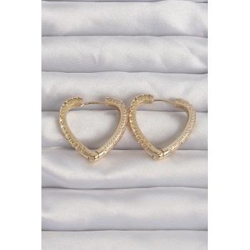 HEYF Pirinç Gold Renk Zirkon Taşlı Motifli Kalp Küpe