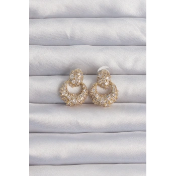 HEYF Pirinç Gold Renk Zirkon Taşlı Oval Form Küpe