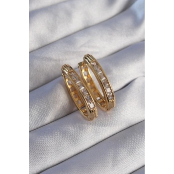 HEYF Pirinç Gold Renk Zirkon Taşlı Oval Model Küpe