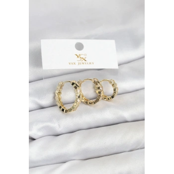 HEYF Pirinç Gold Renk Zirkon Taşlı Petek Halka Model YSX Trio Küpe Seti